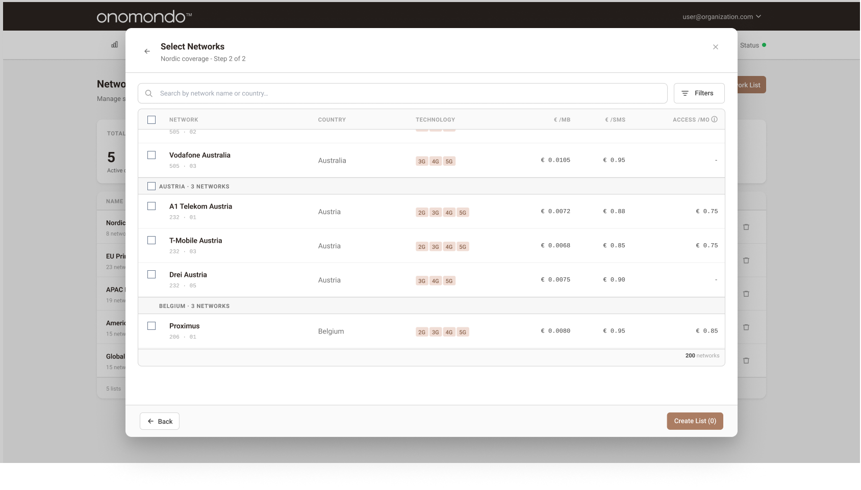Select Networks modal,Step 2 of 2: search and select networks with optional filtering